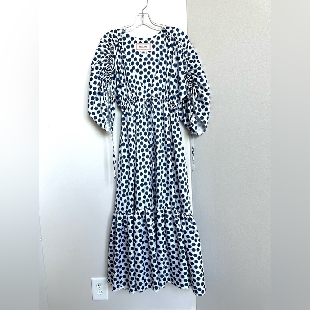 Maternity 100% Silk Maxi Dress L Ruched Sleeves Polka Dot Navy Blue White Flowy